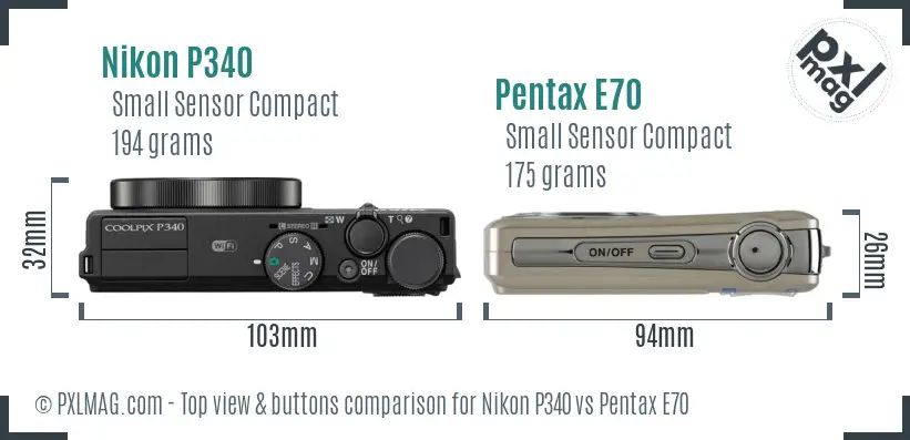 Nikon P340 vs Pentax E70 top view buttons comparison Nikon P340 vs Pentax E70 top view buttons comparison