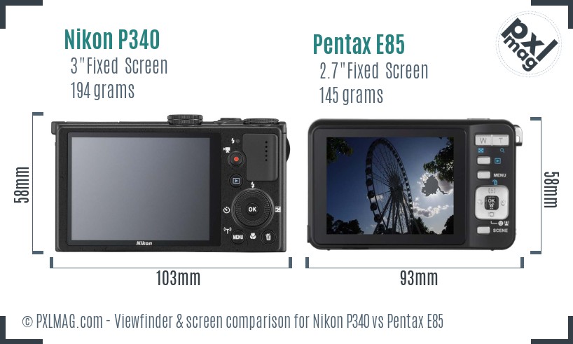 Nikon P340 vs Pentax E85 Screen and Viewfinder comparison