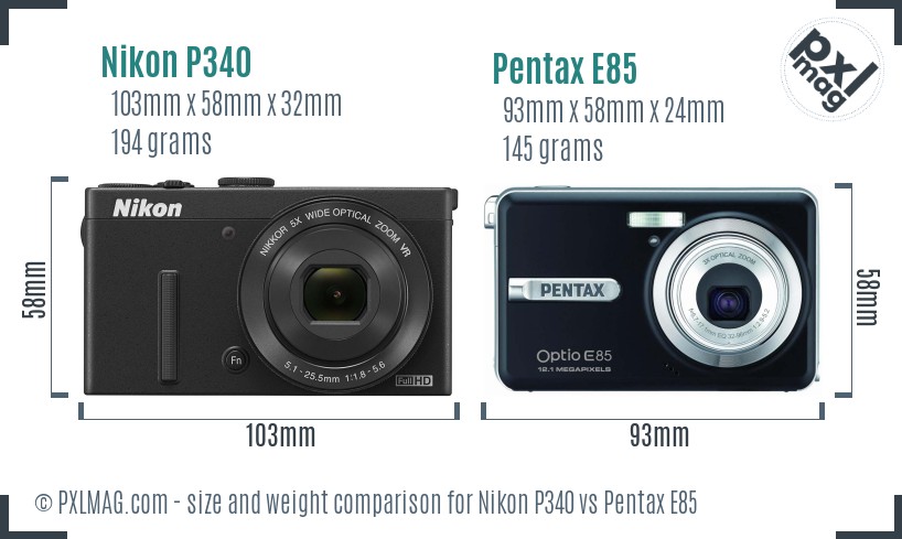Nikon P340 vs Pentax E85 size comparison