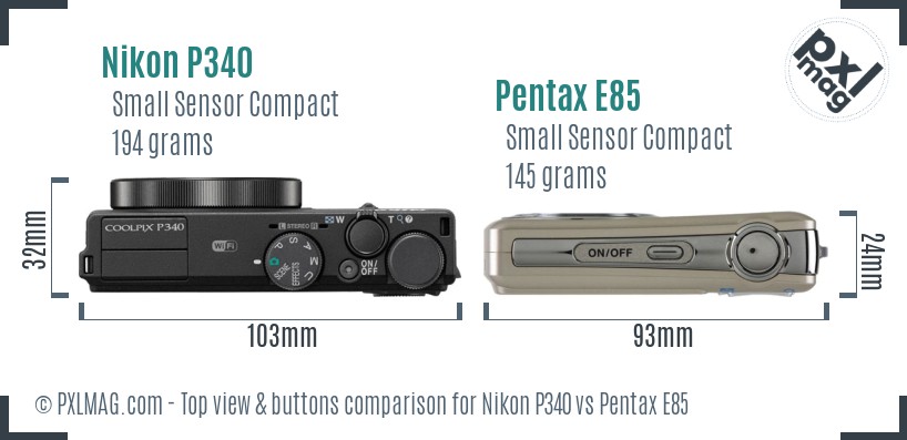 Nikon P340 vs Pentax E85 top view buttons comparison