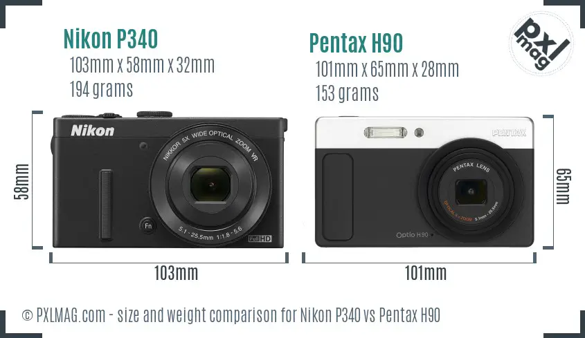 Nikon P340 vs Pentax H90 size comparison