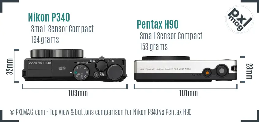 Nikon P340 vs Pentax H90 top view buttons comparison