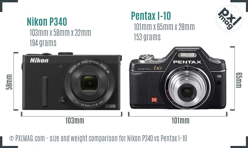 Nikon P340 vs Pentax I-10 size comparison
