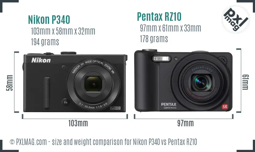 Nikon P340 vs Pentax RZ10 size comparison