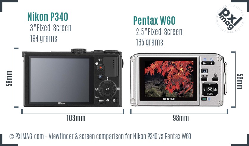 Nikon P340 vs Pentax W60 Screen and Viewfinder comparison