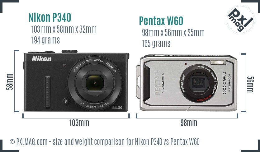 Nikon P340 vs Pentax W60 size comparison Nikon P340 vs Pentax W60 size comparison