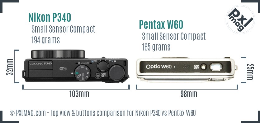 Nikon P340 vs Pentax W60 top view buttons comparison