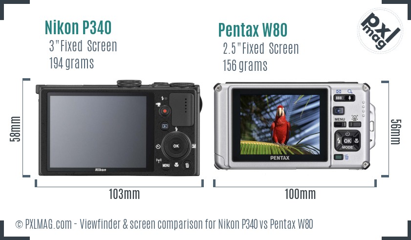 Nikon P340 vs Pentax W80 Screen and Viewfinder comparison