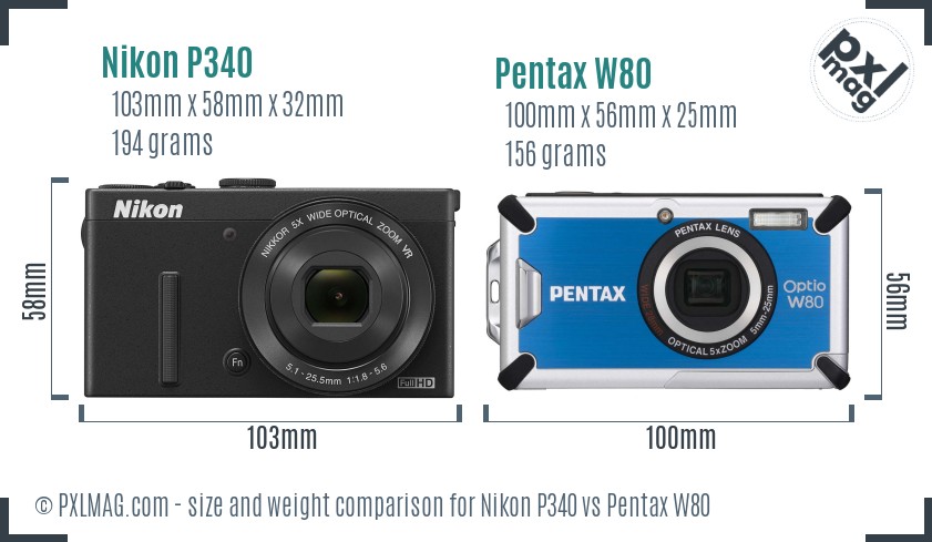 Nikon P340 vs Pentax W80 size comparison