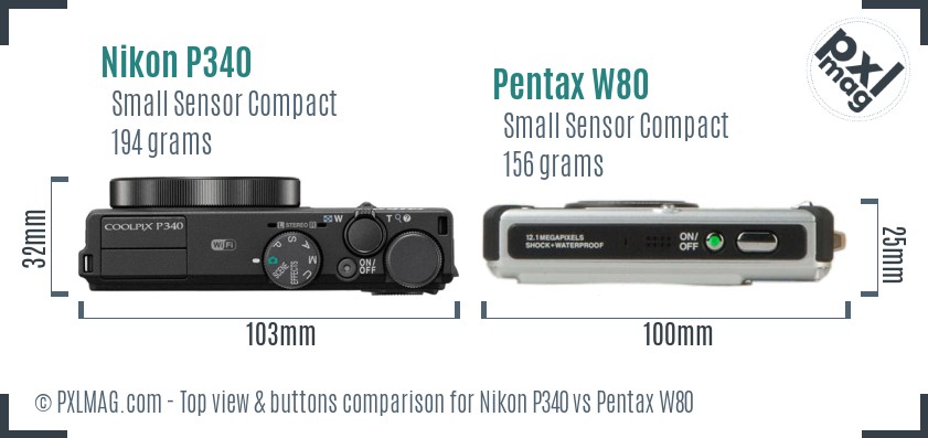 Nikon P340 vs Pentax W80 top view buttons comparison