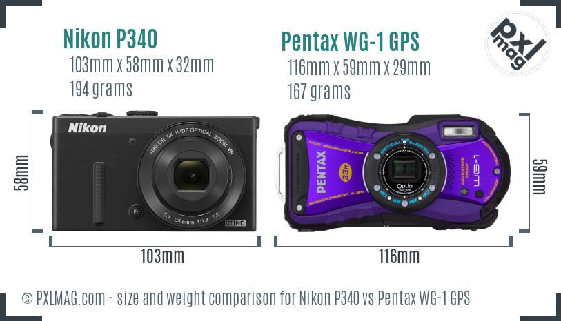 Nikon P340 vs Pentax WG-1 GPS size comparison
