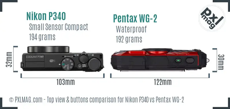 Nikon P340 vs Pentax WG-2 top view buttons comparison