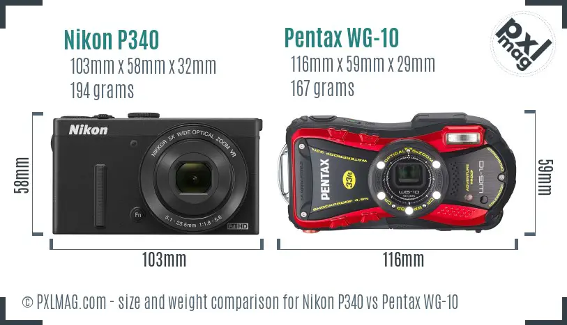 Nikon P340 vs Pentax WG-10 size comparison