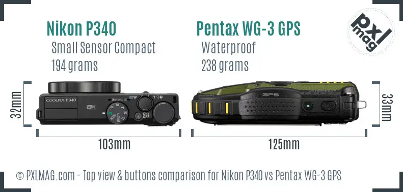 Nikon P340 vs Pentax WG-3 GPS top view buttons comparison