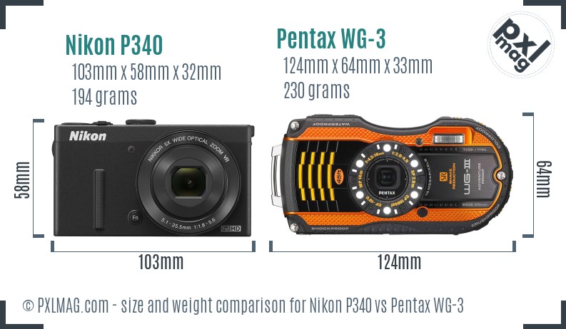 Nikon P340 vs Pentax WG-3 size comparison
