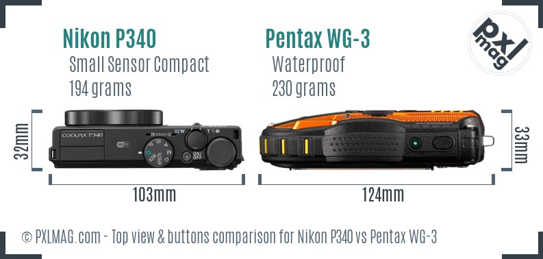Nikon P340 vs Pentax WG-3 top view buttons comparison