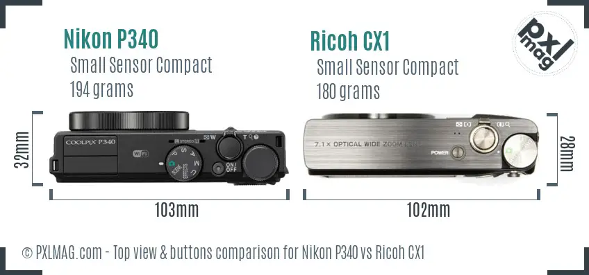 Nikon P340 vs Ricoh CX1 top view buttons comparison Nikon P340 vs Ricoh CX1 top view buttons comparison