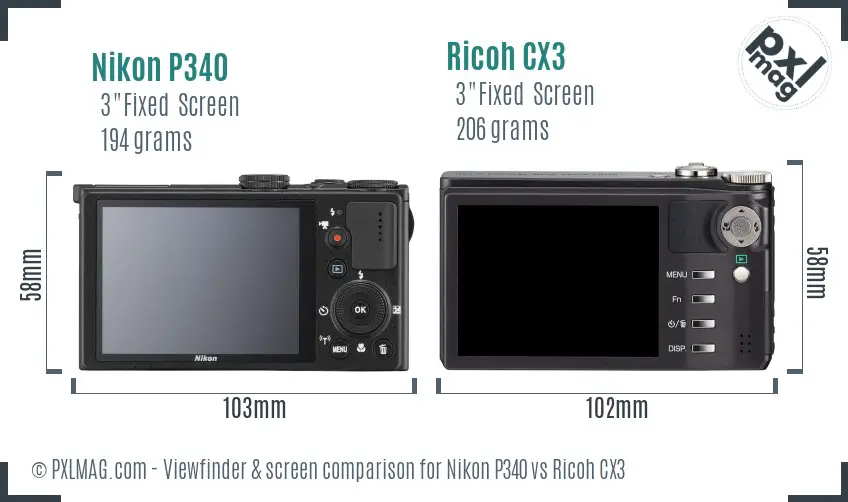 Nikon P340 vs Ricoh CX3 Screen and Viewfinder comparison