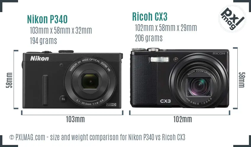 Nikon P340 vs Ricoh CX3 size comparison