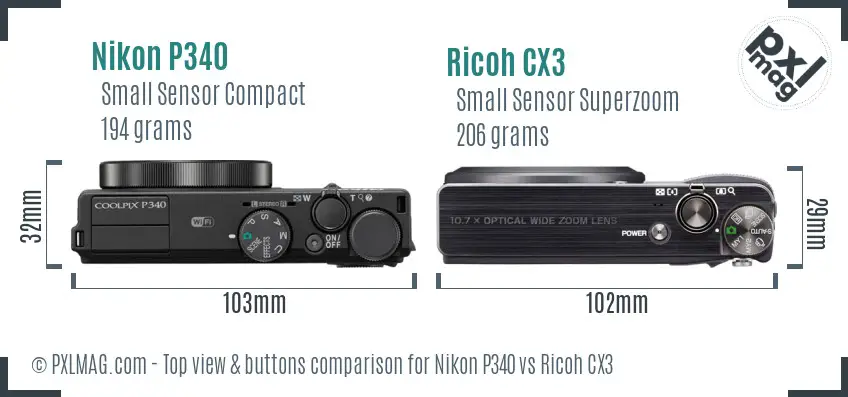 Nikon P340 vs Ricoh CX3 top view buttons comparison