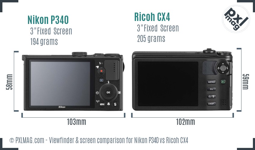 Nikon P340 vs Ricoh CX4 Screen and Viewfinder comparison