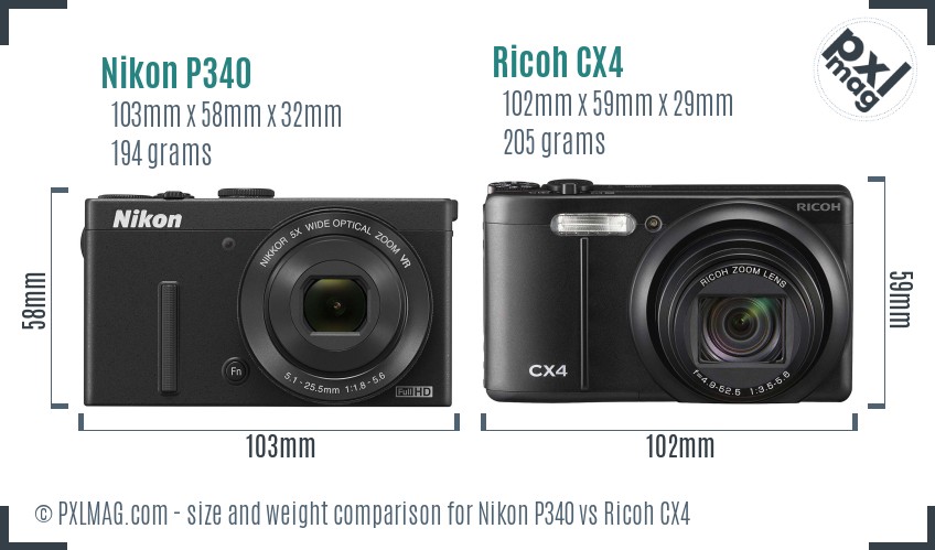 Nikon P340 vs Ricoh CX4 size comparison