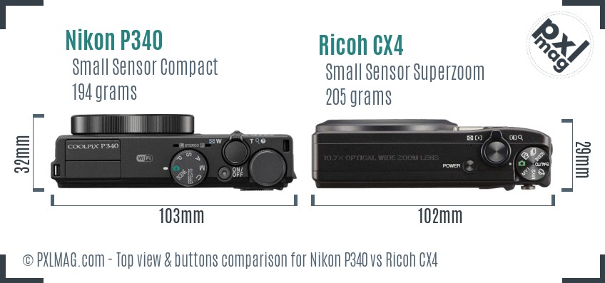 Nikon P340 vs Ricoh CX4 top view buttons comparison