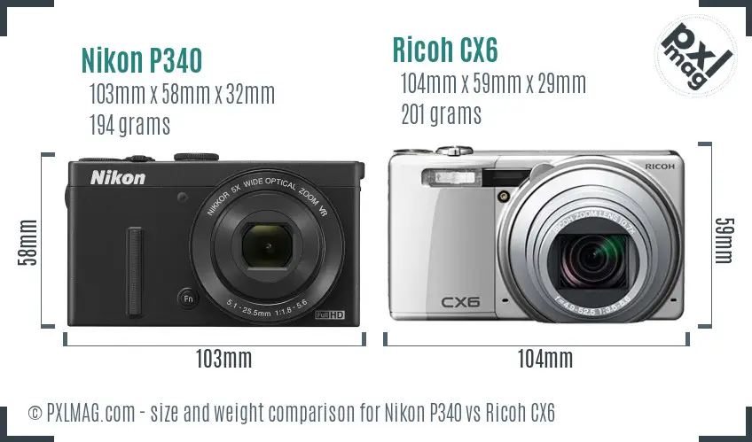 Nikon P340 vs Ricoh CX6 size comparison