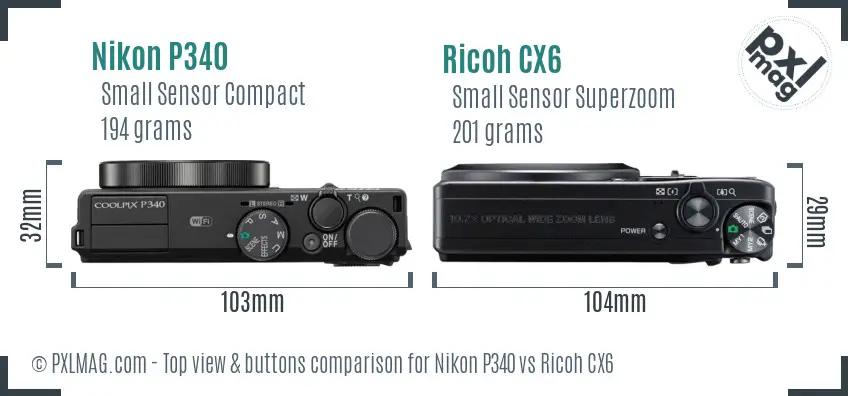 Nikon P340 vs Ricoh CX6 top view buttons comparison
