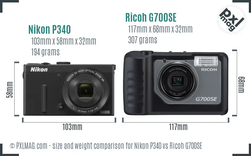 Nikon P340 vs Ricoh G700SE size comparison