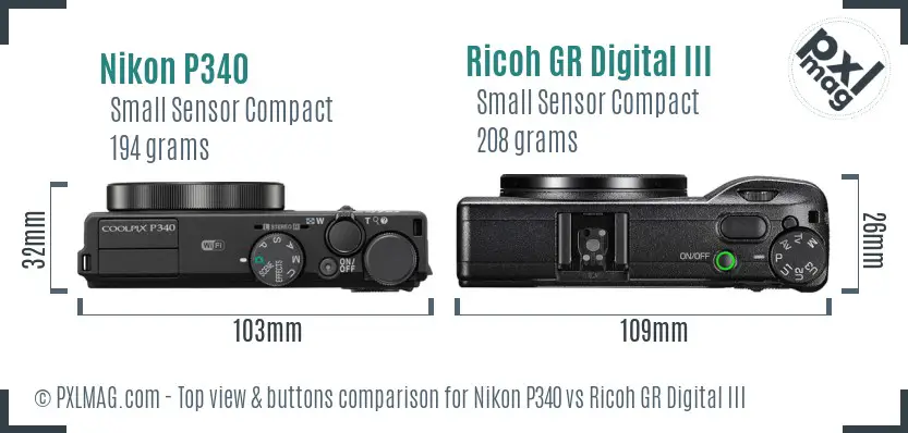 Nikon P340 vs Ricoh GR Digital III top view buttons comparison Nikon P340 vs Ricoh GR Digital III top view buttons comparison