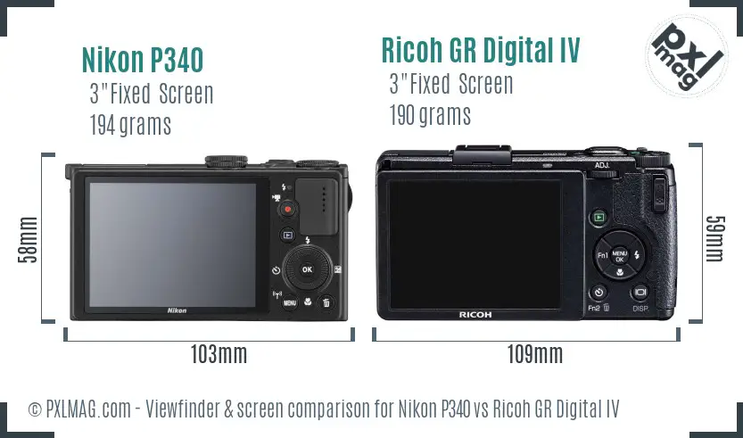 Nikon P340 vs Ricoh GR Digital IV Screen and Viewfinder comparison