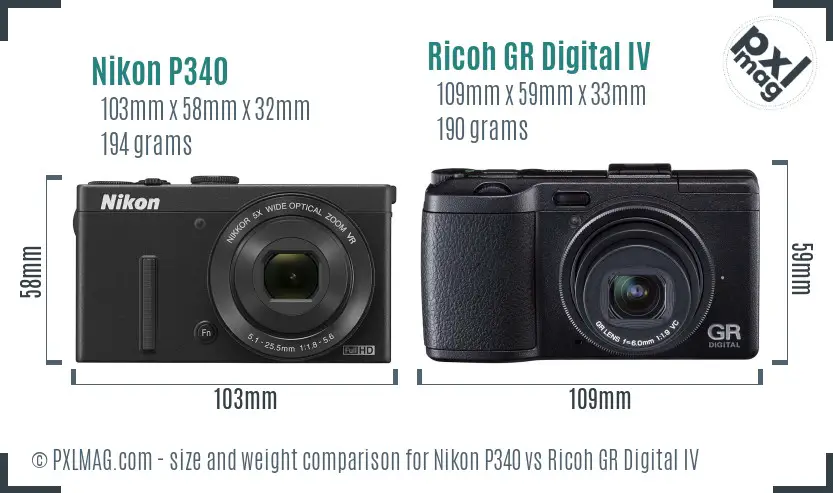 Nikon P340 vs Ricoh GR Digital IV size comparison
