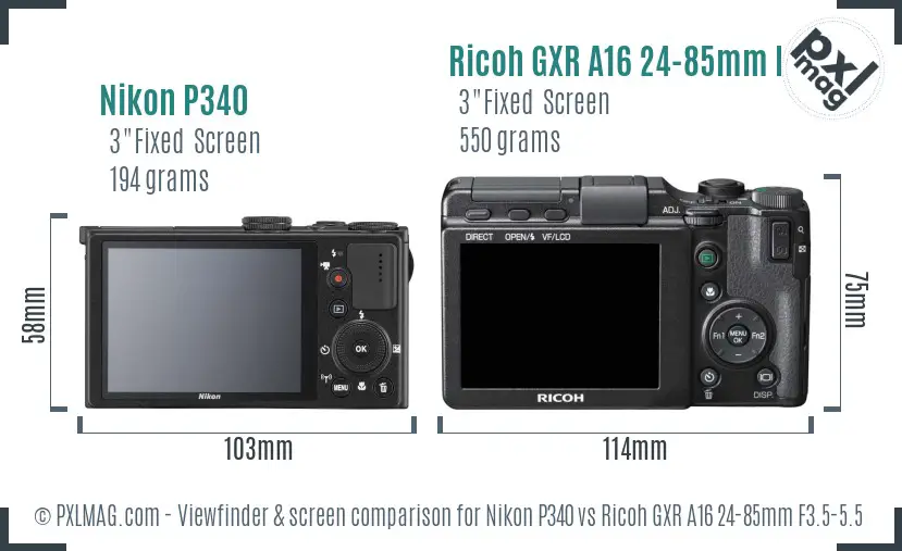 Nikon P340 vs Ricoh GXR A16 24-85mm F3.5-5.5 Screen and Viewfinder comparison