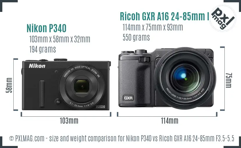 Nikon P340 vs Ricoh GXR A16 24-85mm F3.5-5.5 size comparison