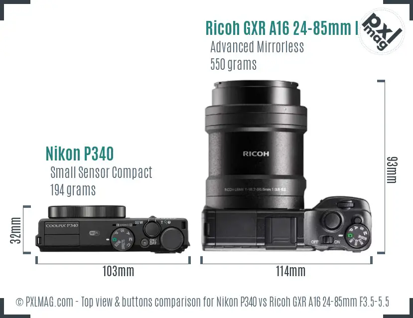 Nikon P340 vs Ricoh GXR A16 24-85mm F3.5-5.5 top view buttons comparison