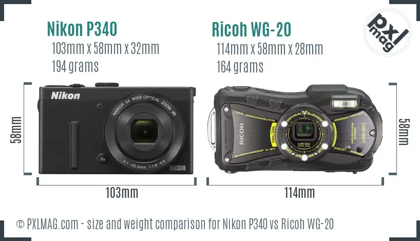 Nikon P340 vs Ricoh WG-20 size comparison