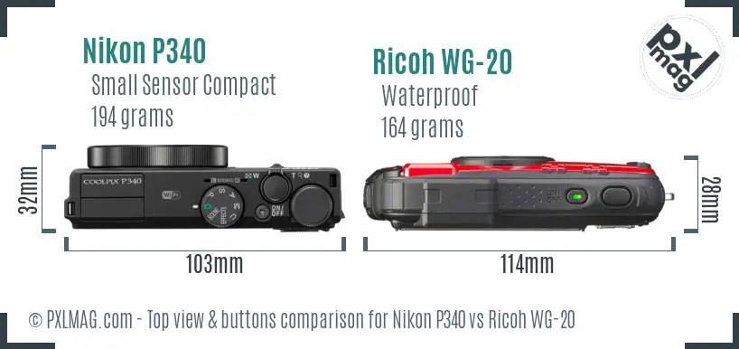 Nikon P340 vs Ricoh WG-20 top view buttons comparison