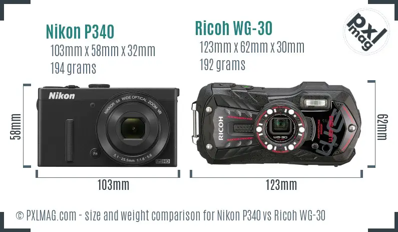 Nikon P340 vs Ricoh WG-30 size comparison