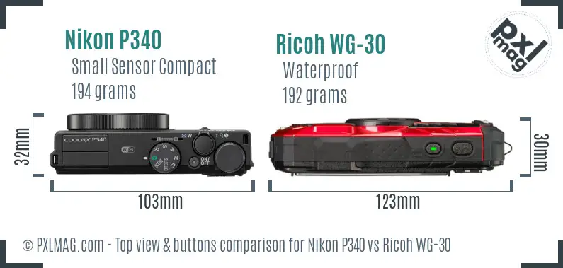 Nikon P340 vs Ricoh WG-30 top view buttons comparison