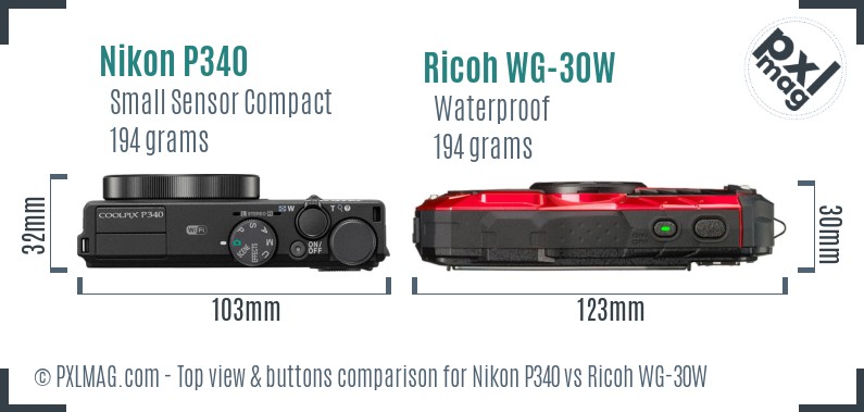 Nikon P340 vs Ricoh WG-30W top view buttons comparison