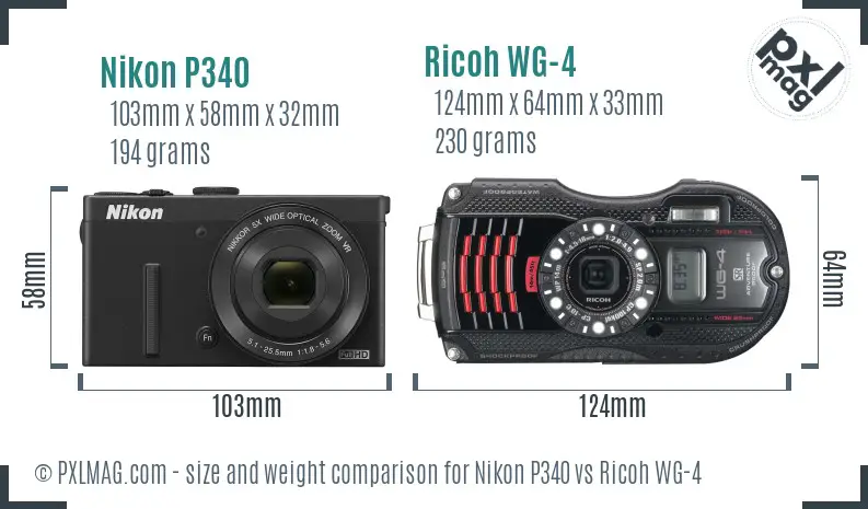 Nikon P340 vs Ricoh WG-4 size comparison