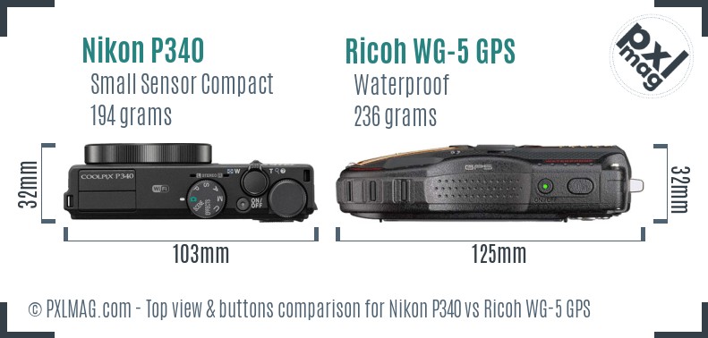 Nikon P340 vs Ricoh WG-5 GPS top view buttons comparison