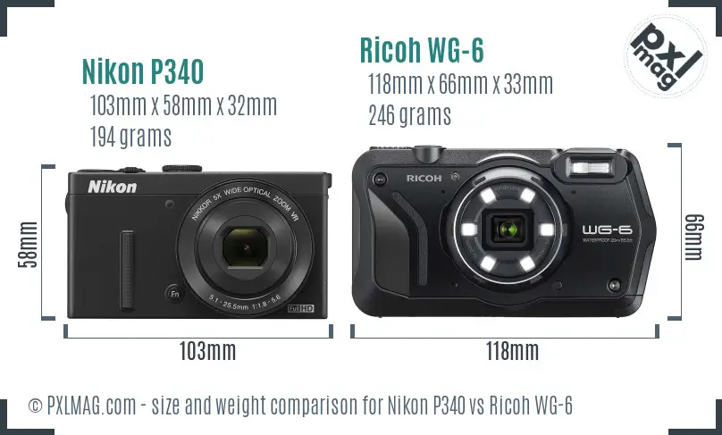 Nikon P340 vs Ricoh WG-6 size comparison