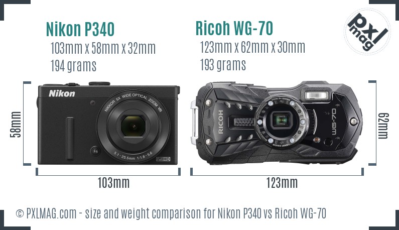 Nikon P340 vs Ricoh WG-70 size comparison Nikon P340 vs Ricoh WG-70 size comparison