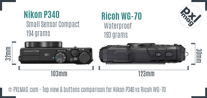 Nikon P340 vs Ricoh WG-70 top view buttons comparison