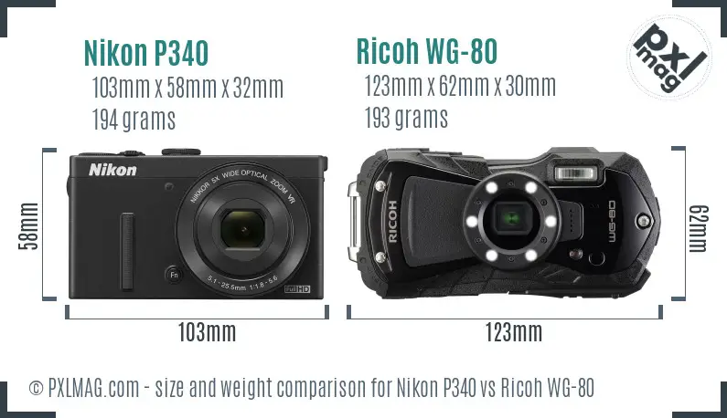Nikon P340 vs Ricoh WG-80 size comparison