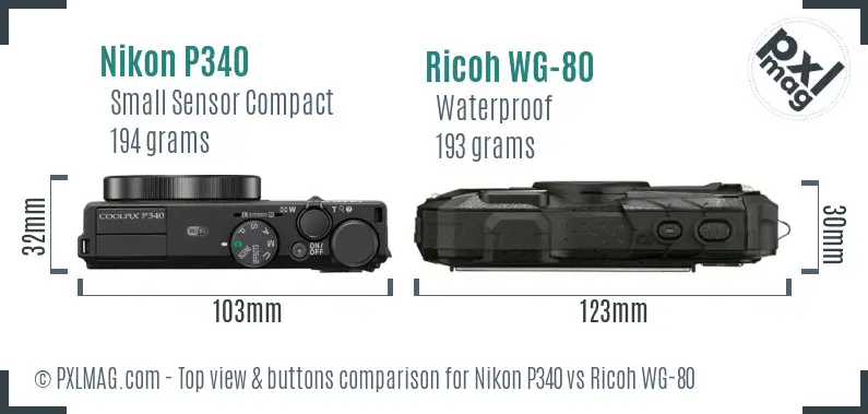 Nikon P340 vs Ricoh WG-80 top view buttons comparison