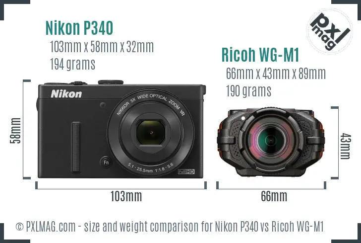 Nikon P340 vs Ricoh WG-M1 size comparison