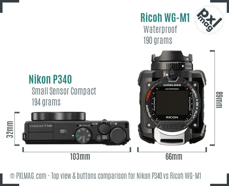 Nikon P340 vs Ricoh WG-M1 top view buttons comparison